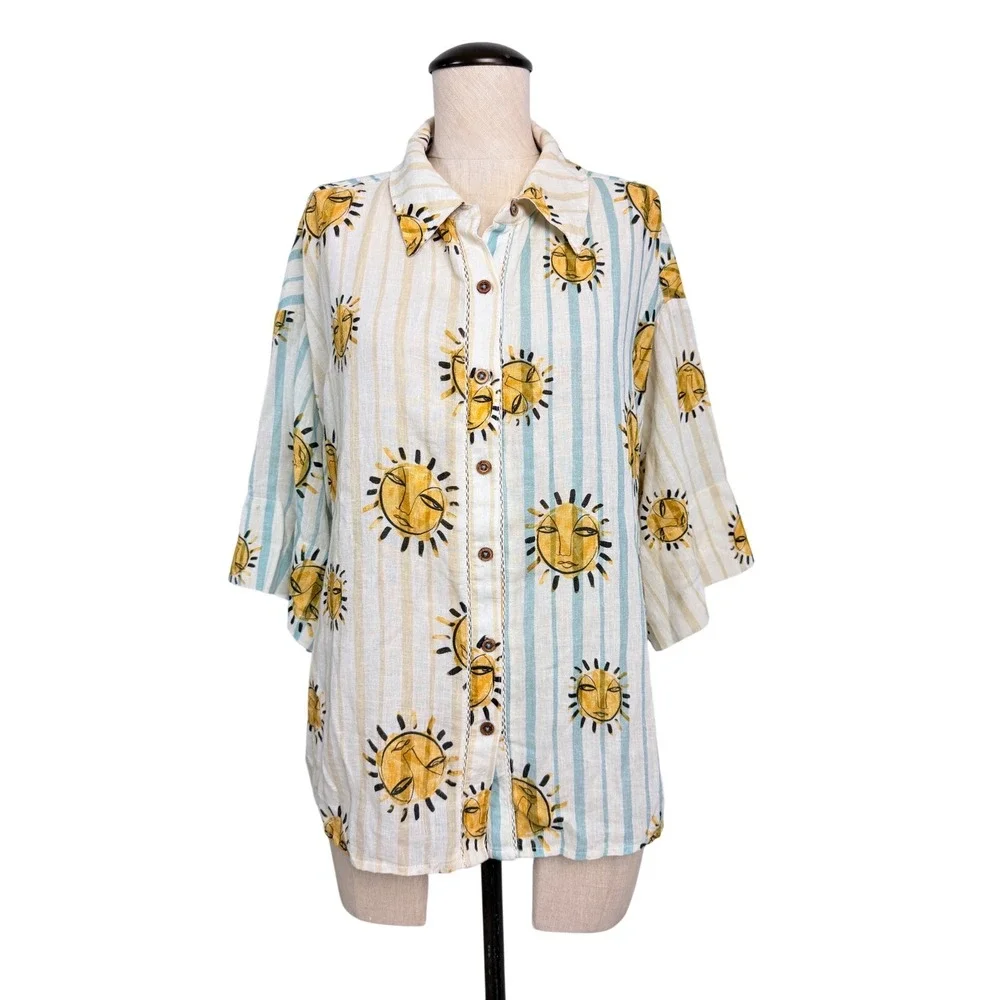 Anthropologie Sun Face Striped Linen Blend Button Down Shirt Blue‎ Yellow Small